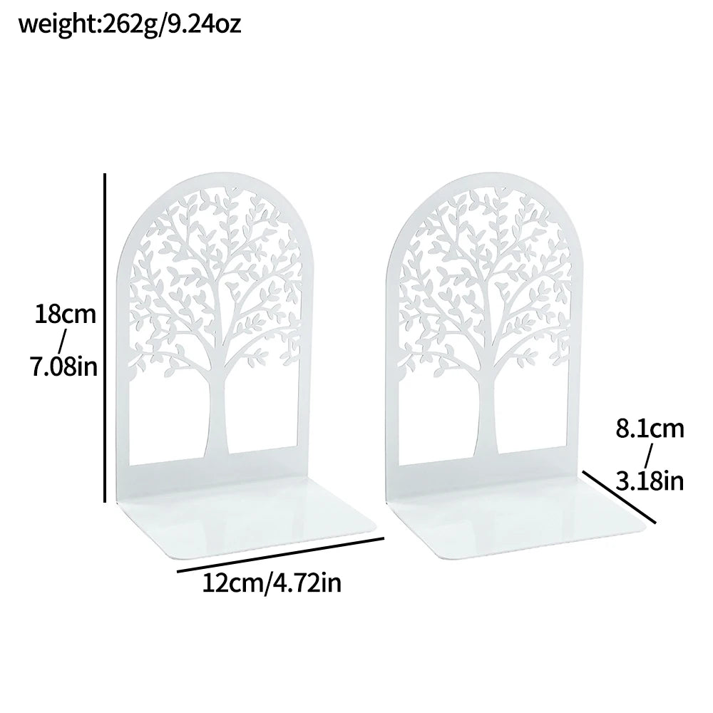 2 Pcs White Tree of Life Desktop Book Ends Office Desktop Home Bookend Gift for Book Loves Heavy Duty Iron Book Rack