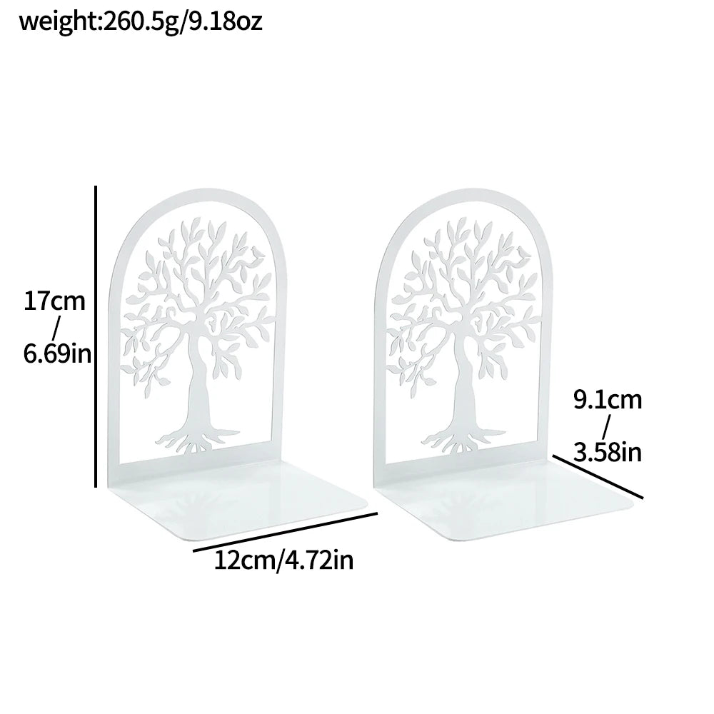 2 Pcs White Tree of Life Desktop Book Ends Office Desktop Home Bookend Gift for Book Loves Heavy Duty Iron Book Rack