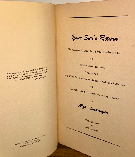 Signed First Edition — Your Sun’s Return (1950) by Alfa Lindanger, Astrology of