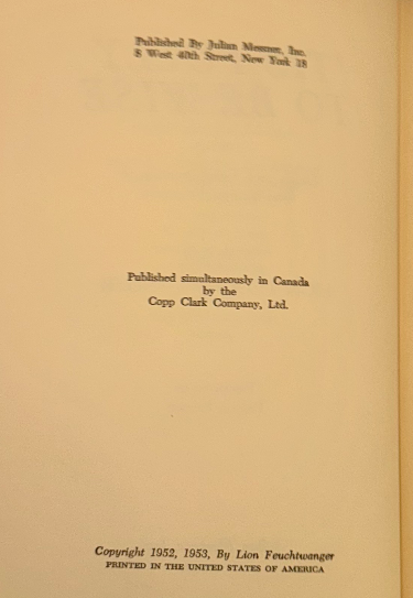 ’Tis Folly to Be Wise – Lion Feuchtwanger (1952/53, 1st US Edition, Rousseau Nov