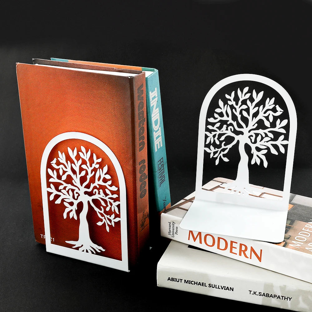 2 Pcs White Tree of Life Desktop Book Ends Office Desktop Home Bookend Gift for Book Loves Heavy Duty Iron Book Rack