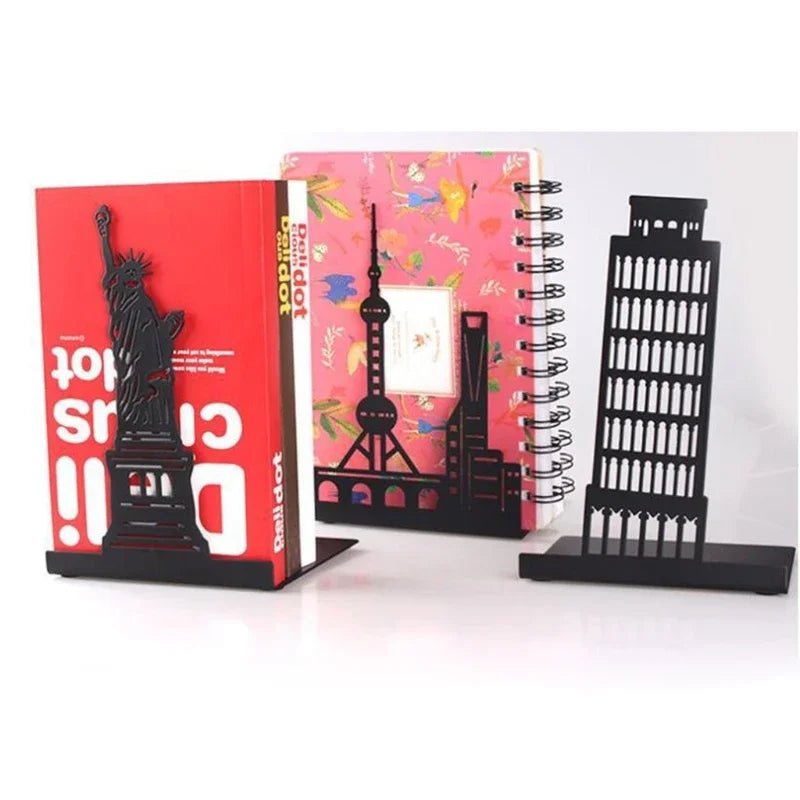Stylish Premium Metal Bookends Creative Hollow-out Art Landmark Book Stands Creative Gift Non-Slip Bookends Book Support